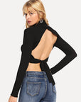 Backless Turtleneck Long Sleeve T-Shirt