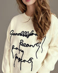 Letter Contrast Round Neck Dropped Shoulder Sweater