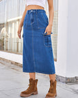 Slit Midi Denim Skirt with Pockets