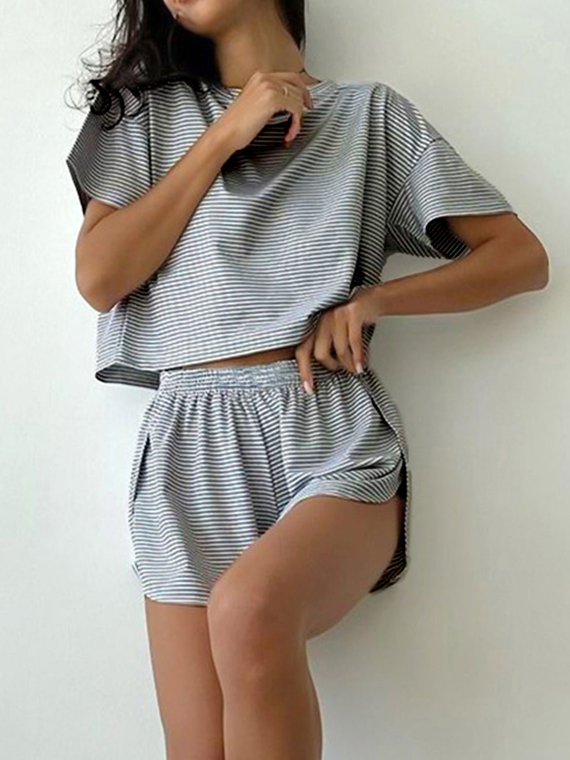 Gray Striped Round Neck Top and Shorts Set Sentient Beauty Fashions Apparel &amp; Accessories