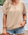 Tan Plus Size Textured Lace Round Neck Short Sleeve T-Shirt Sentient Beauty Fashions Apparel & Accessories