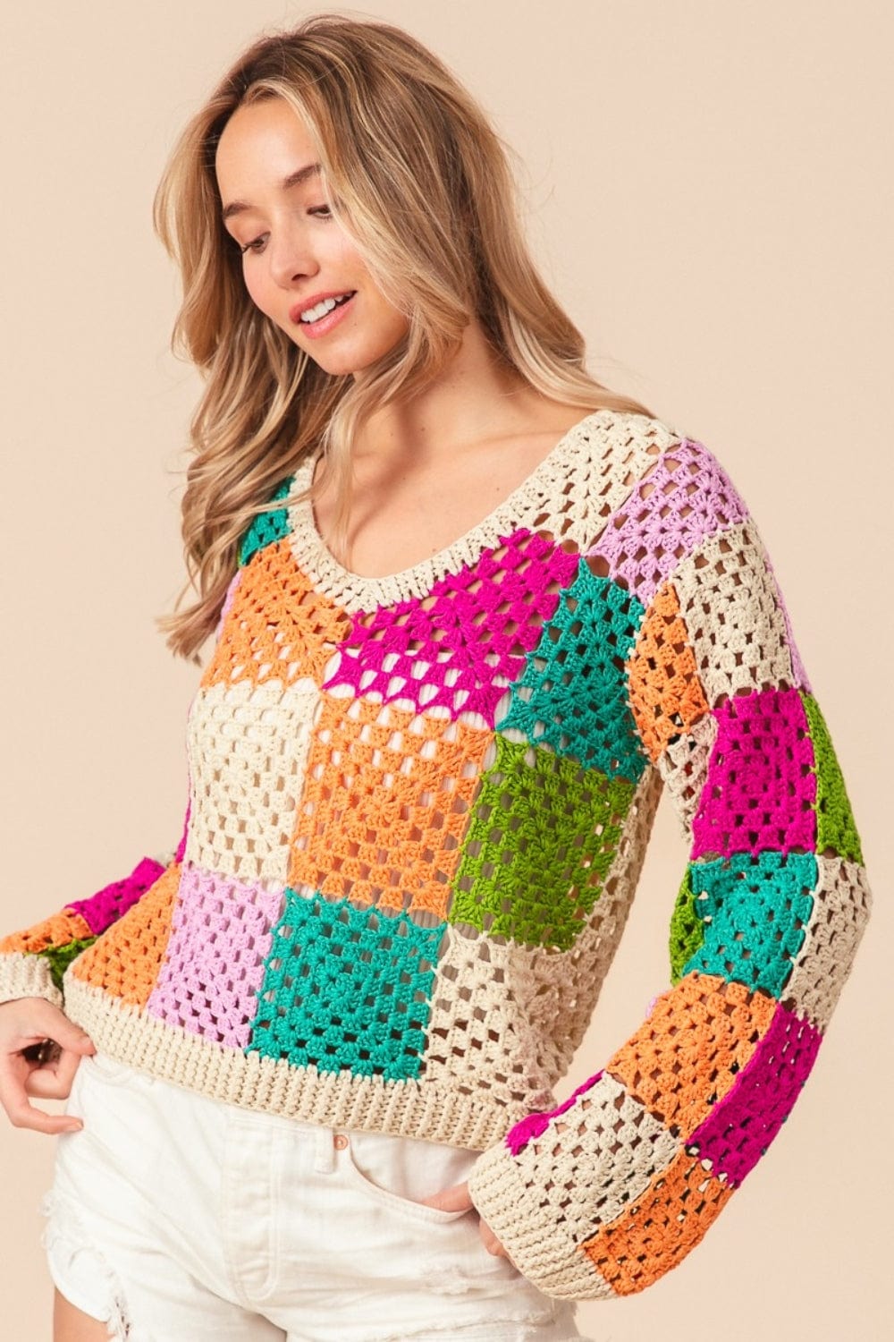 Wheat BiBi Multi Color Checkered Long Sleeve Knit Top