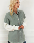 Raw Hem Collared Neck Button Up Long Sleeve Jacket