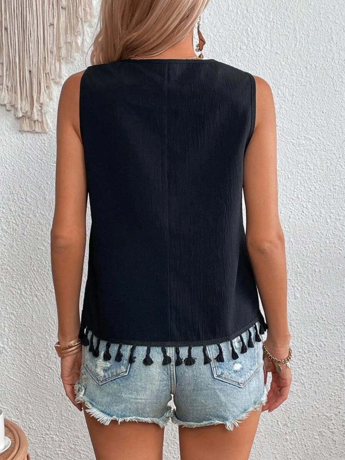 Gray Tassel Printed V-Neck Tank