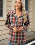 Drawstring Plaid Hooded Long Sleeve Top