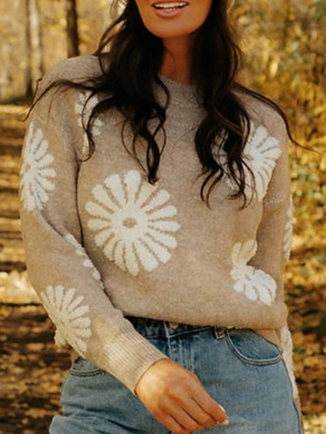 Dim Gray Flower Round Neck Long Sleeve Sweater