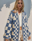 Double Take Full Size Open Front Checkered Drop Shoulder Cardigan