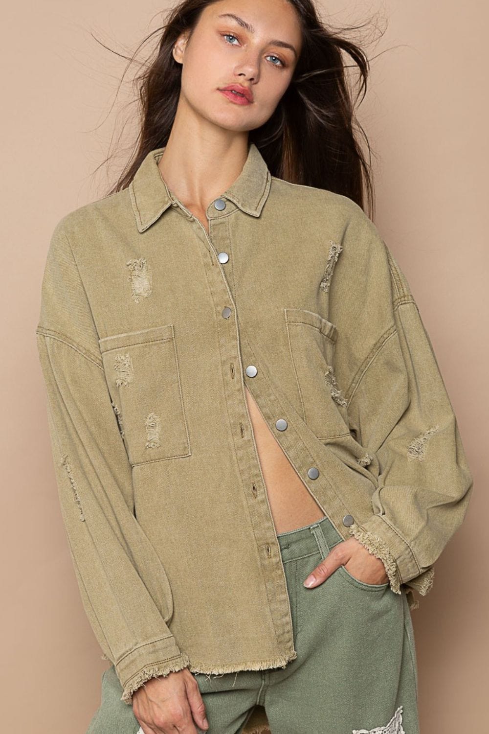 Rosy Brown POL Button Down Raw Hem Distressed Shacket