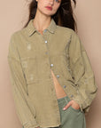 Rosy Brown POL Button Down Raw Hem Distressed Shacket