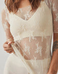 Lace Round Neck Half Sleeve Sheer Blouse