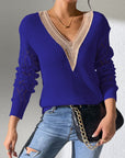 Midnight Blue Openwork V-Neck Long Sleeve Sweater