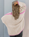 Double Take Contrast Open Front Dropped Shoulder Cardigan