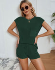 Round Neck Knit Top and Drawstring Shorts Set