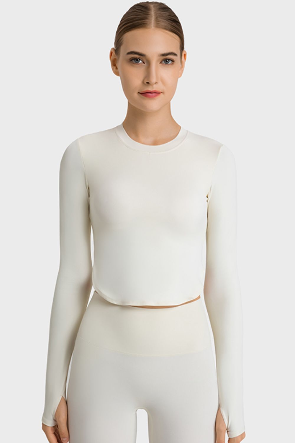 Light Gray Side Slit Long Sleeve Round Neck Crop Top Sentient Beauty Fashions Apaparel &amp; Accessories