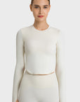 Light Gray Side Slit Long Sleeve Round Neck Crop Top Sentient Beauty Fashions Apaparel & Accessories