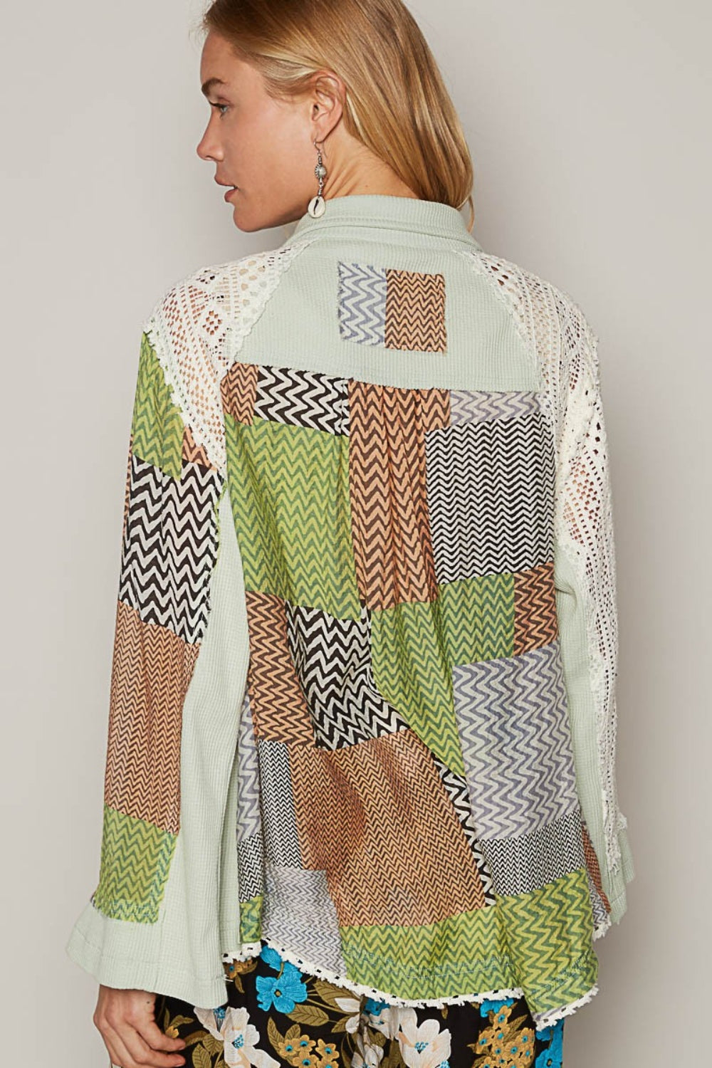 Gray POL Color Block Crochet Long Sleeve Shirt Sentient Beauty Fashions Apparel & Accessories