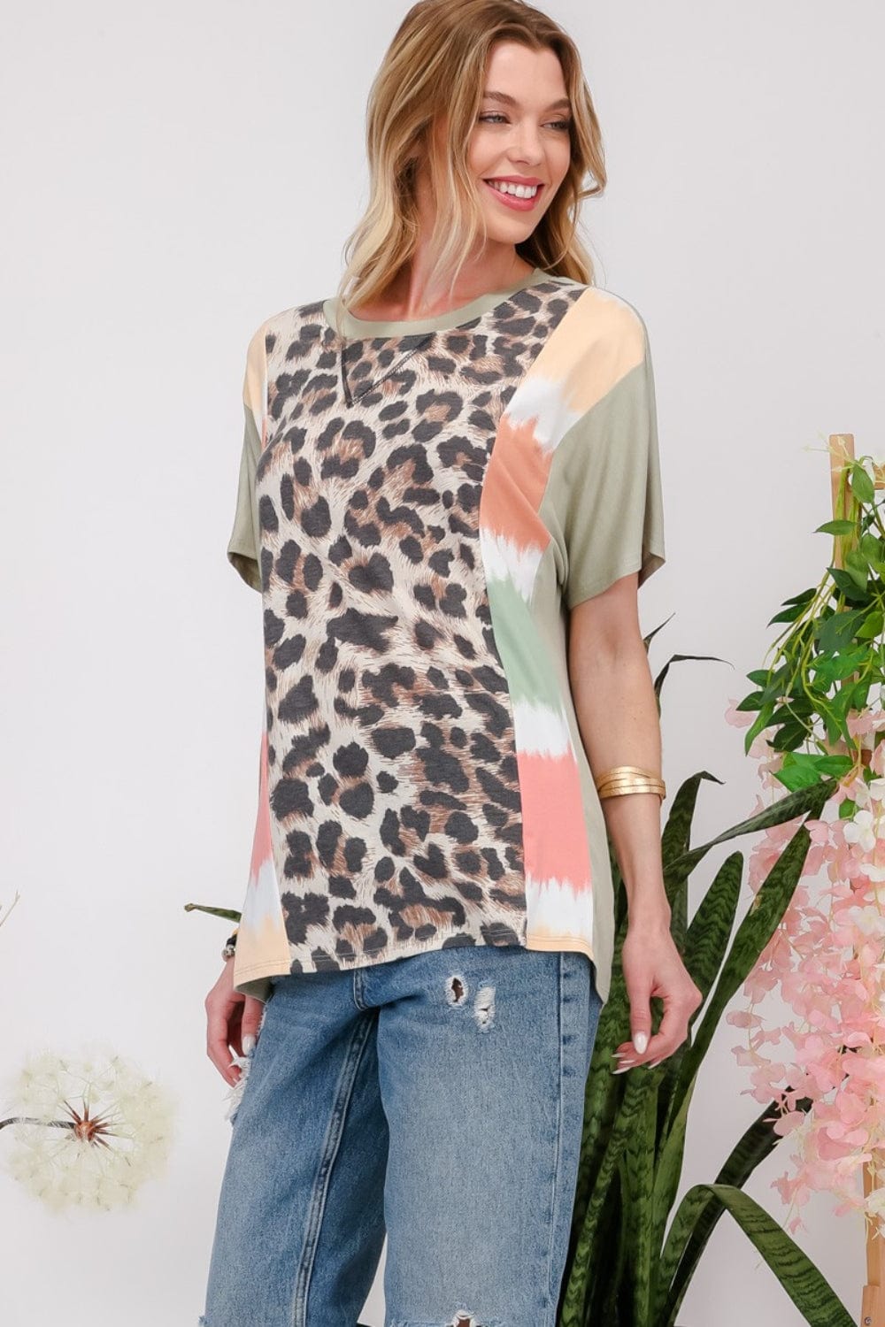 Light Gray Celeste Full Size Leopard Color Block T-Shirt