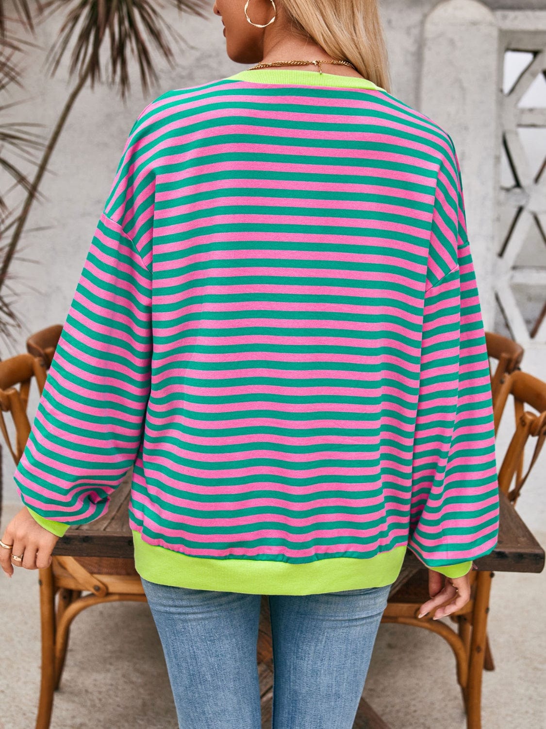 Rosy Brown Contrast Striped Long Sleeve Sweatshirt