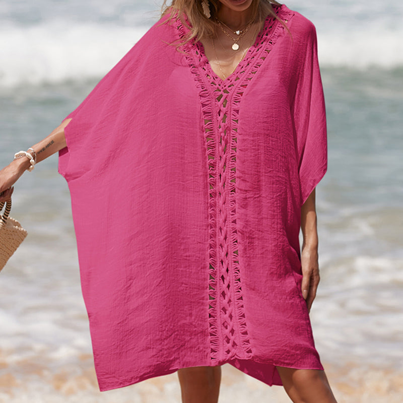 Pale Violet Red Cutout V-Neck Three-Quarter Sleeve Cover Up Sentient Beauty Fashions Apparel &amp; Accessories