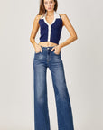 Risen Full Size High Rise Frayed Hem Wide Leg Jeans