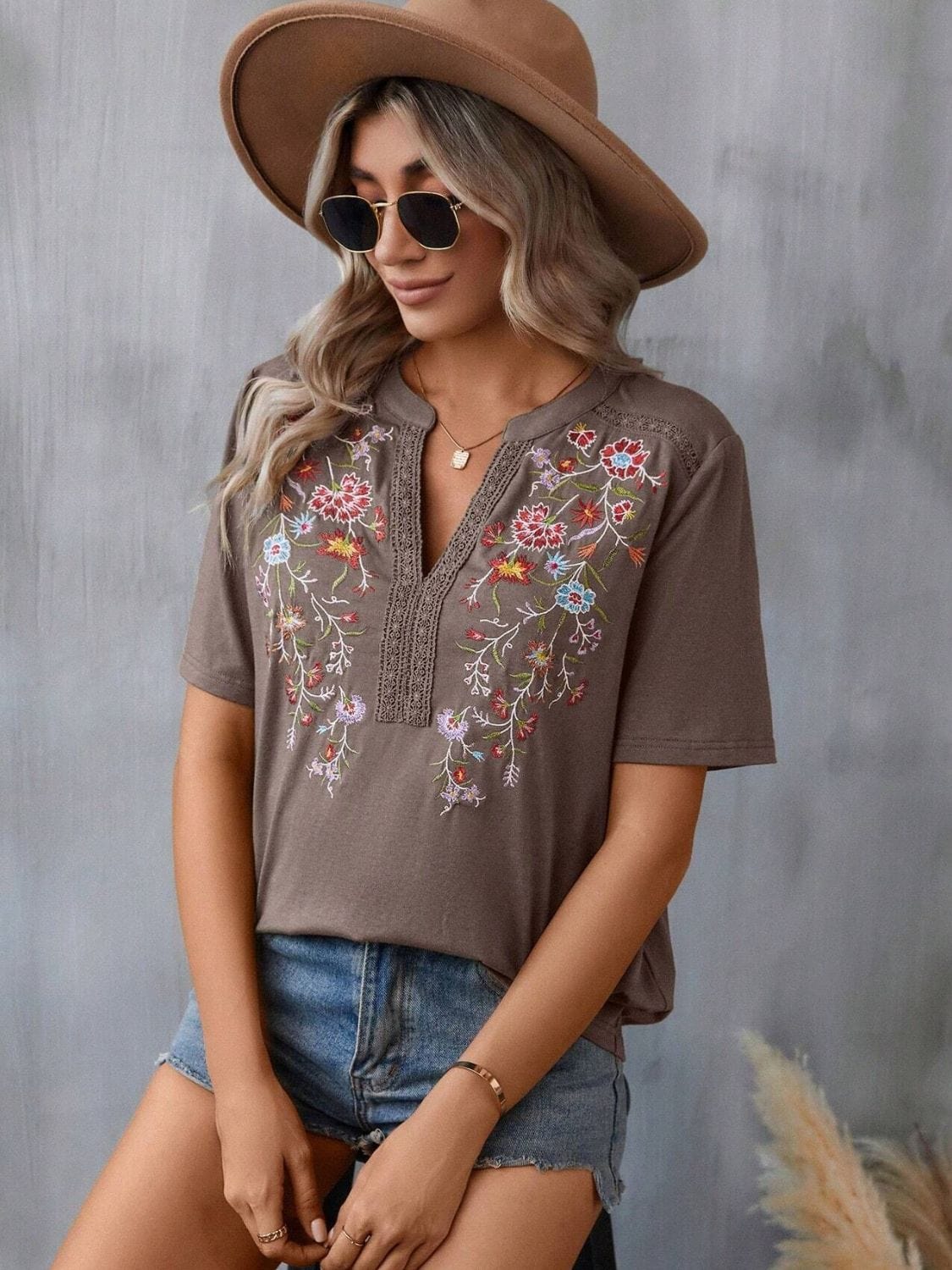 Light Slate Gray Embroidered Notched Short Sleeve T-Shirt