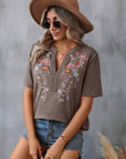 Light Slate Gray Embroidered Notched Short Sleeve T-Shirt