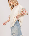 Light Gray SAGE + FIG Round Neck Bubble Sleeve Oversize Top Sentient Beauty Fashions Apparel & Accessories