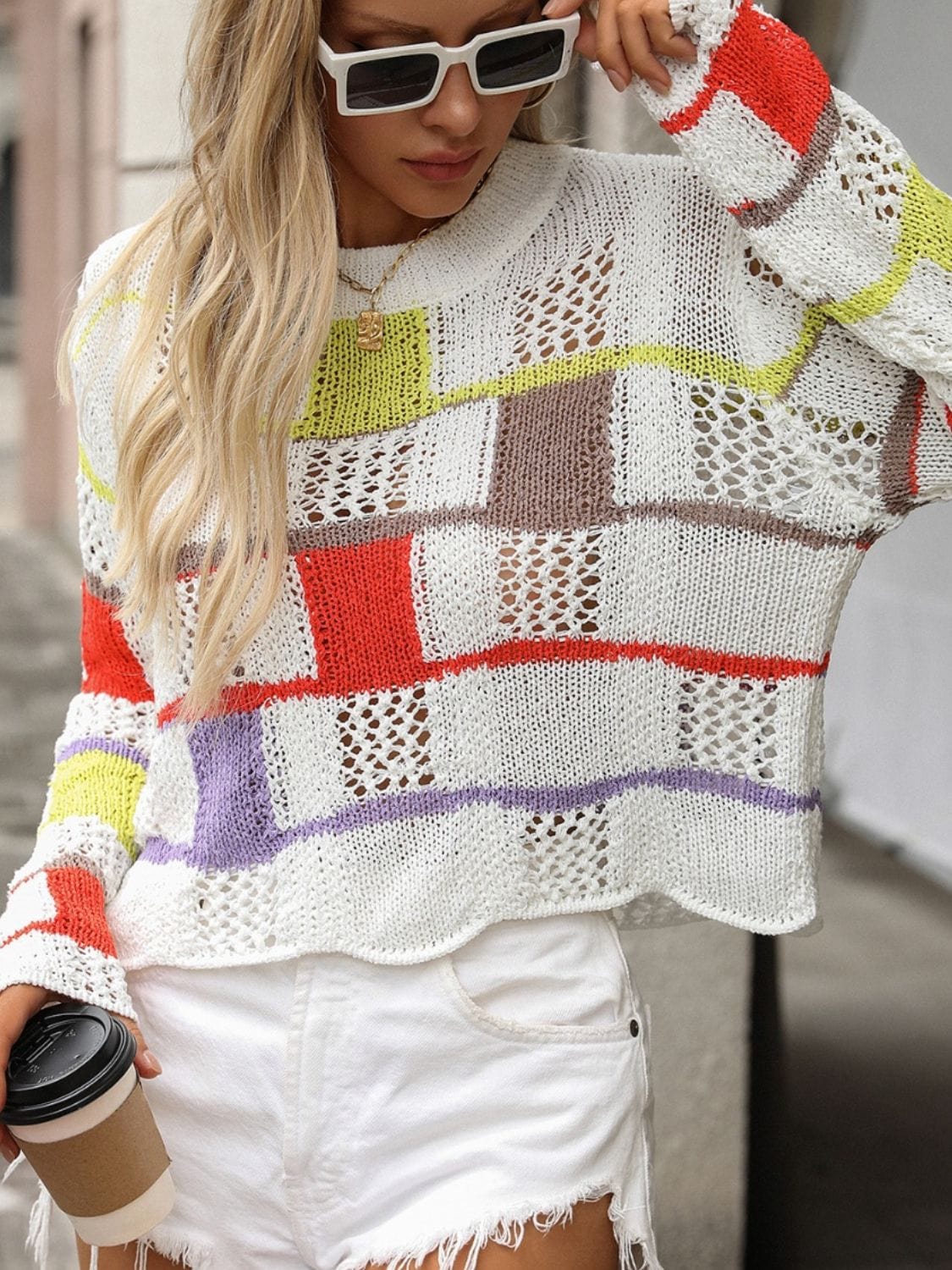 Gray Openwork Color Block Round Neck Sweater