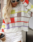 Gray Openwork Color Block Round Neck Sweater