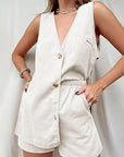 Light Gray Full Size Button Up Top and Shorts Set Sentient Beauty Fashions Apaparel & Accessories