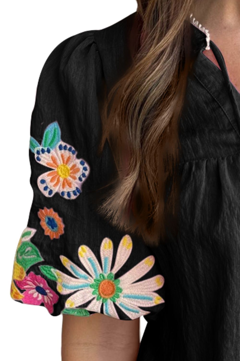 Black Embroidered Tie Neck Half Sleeve Blouse Sentient Beauty Fashions Apparel & Accessories