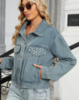 Rhinestone & Peal Trim Button Down Long Sleeve Denim Jacket