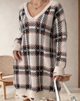 Distressed Plaid V-Neck Long Sleeve Sweater Dress