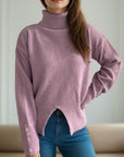 Front Slit Decorative Button Turtleneck Sweater