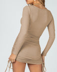 Drawstring Ruched Long Sleeve Mini Dress