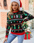 Christmas Print Sequin Round Neck Sweater