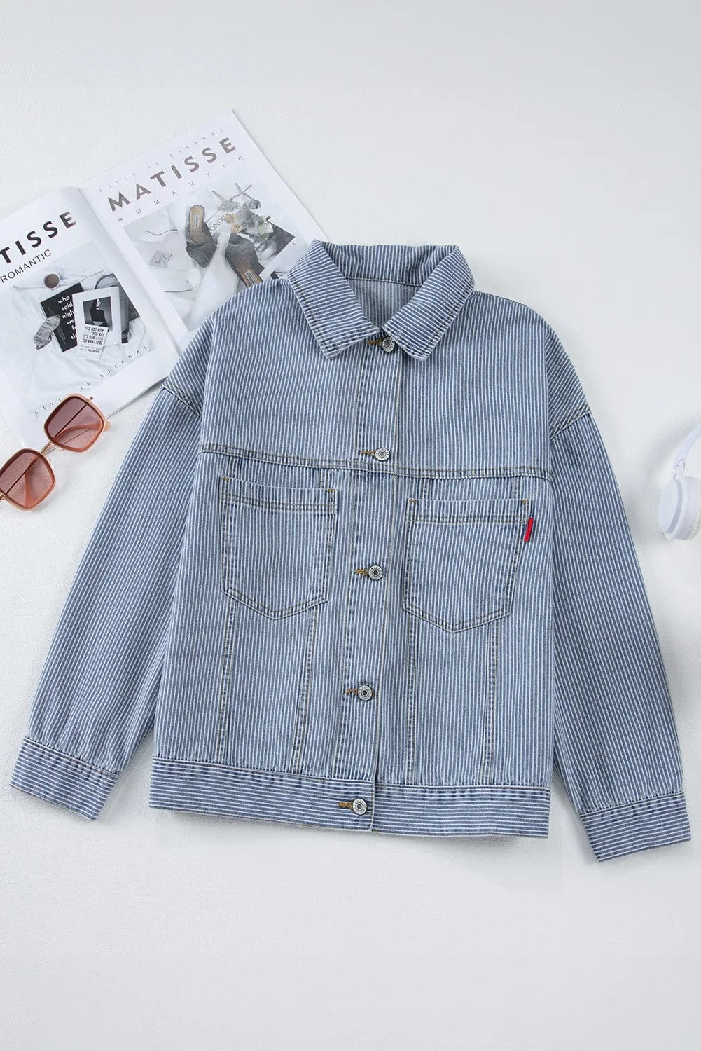 Light Gray Striped Button Up Long Sleeve Denim Jacket