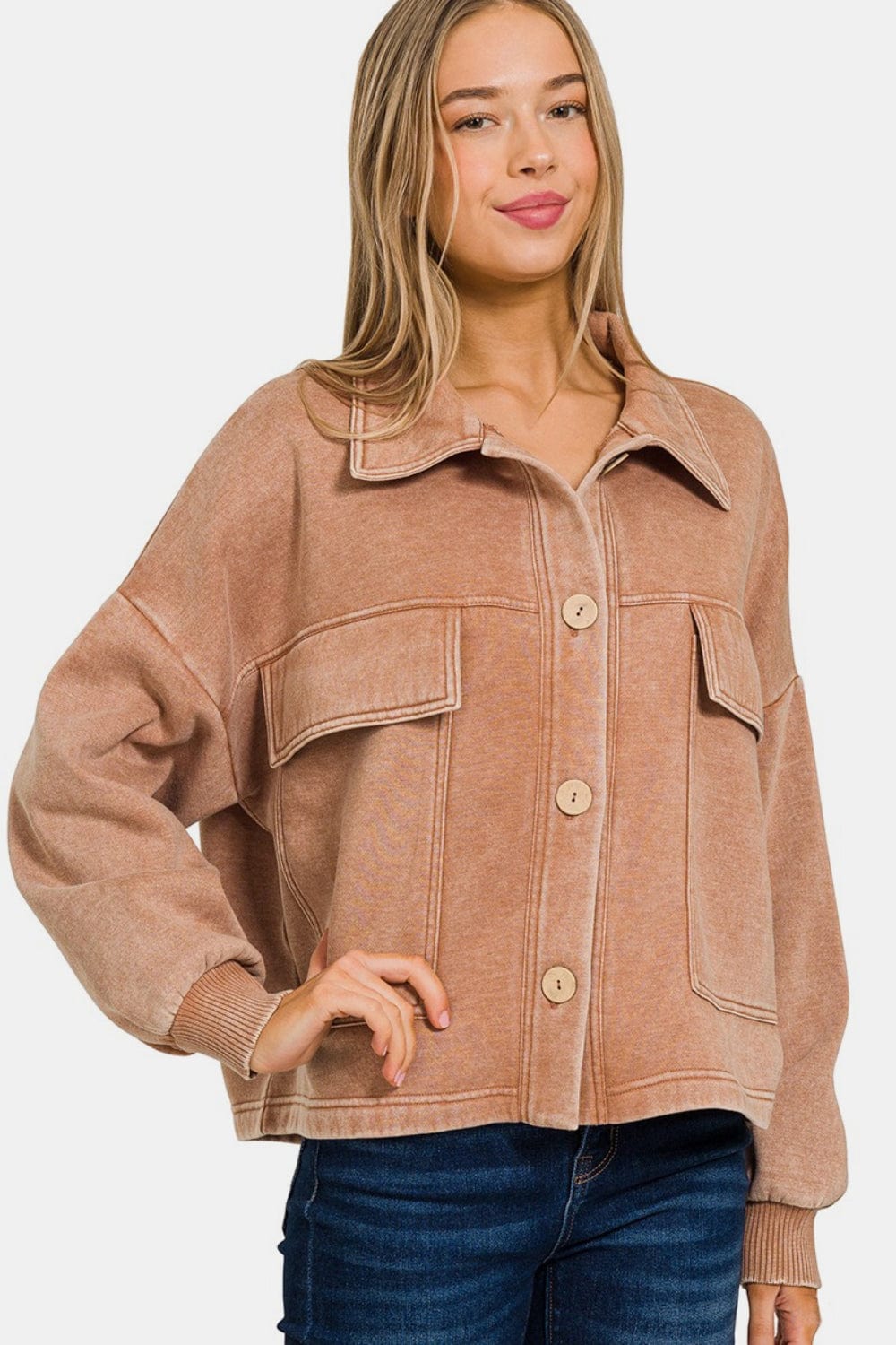 Rosy Brown Zenana Wash Fleece Front Pocket Button Up Shacket