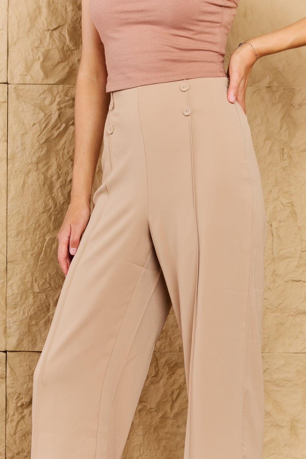 Tan HYFVE Pretty Pleased High Waist Pintuck Straight Leg Pants in Camel