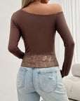 Gray Single Shoulder Long Sleeve Lace T-Shirt