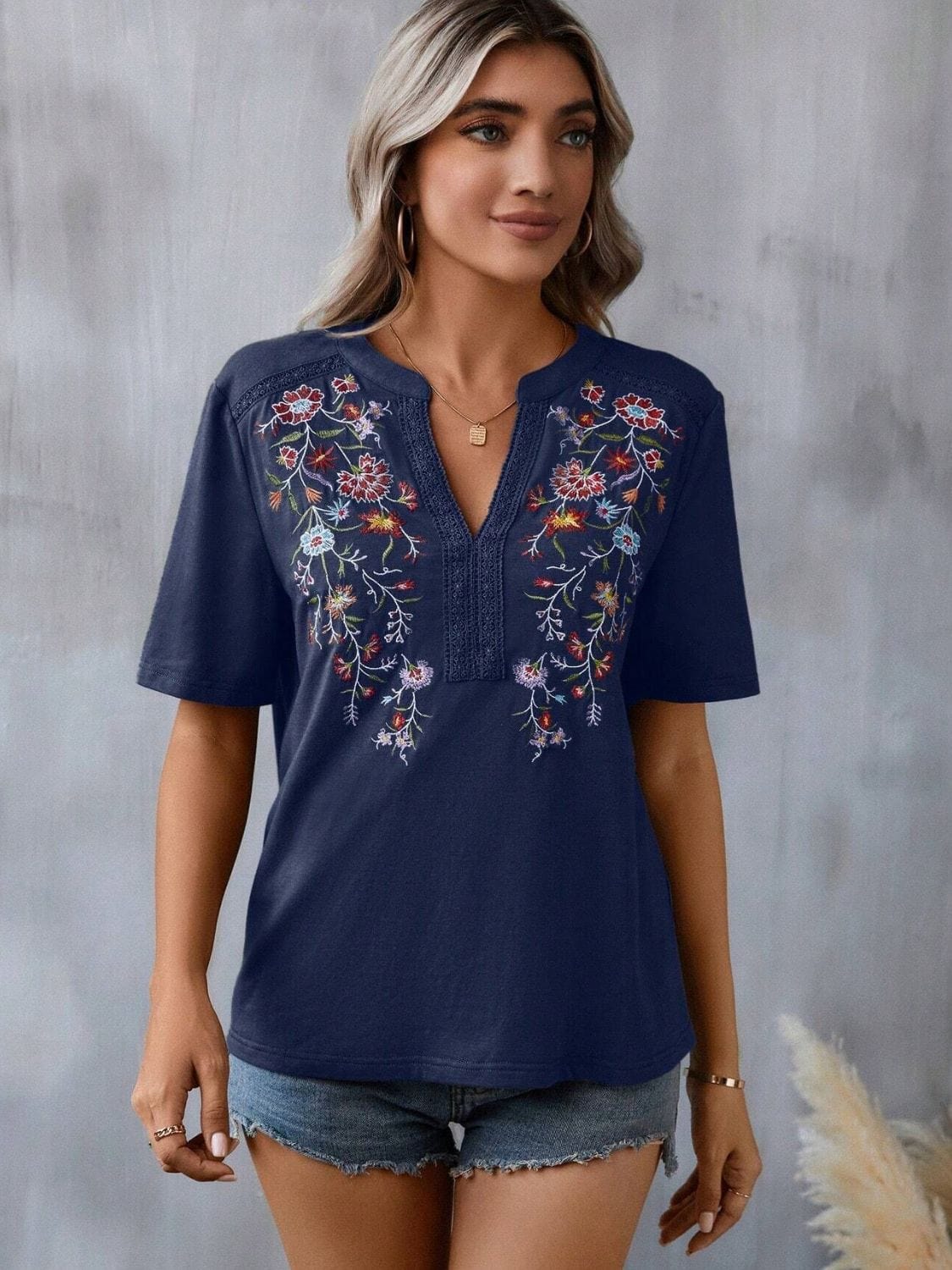 Dark Gray Embroidered Notched Short Sleeve T-Shirt