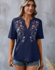 Dark Gray Embroidered Notched Short Sleeve T-Shirt