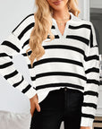 Many Striped Johnny Collar Long Sleeve Sweater