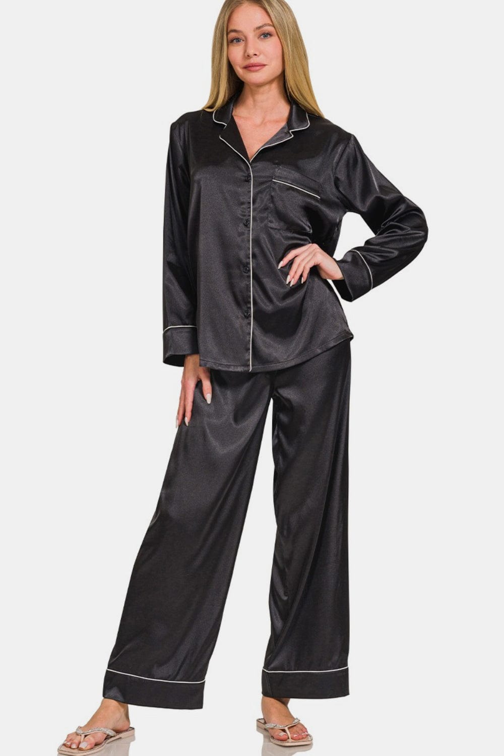 White Smoke Zenana Satin Long Sleeve Shirt and Pants Pajama Set