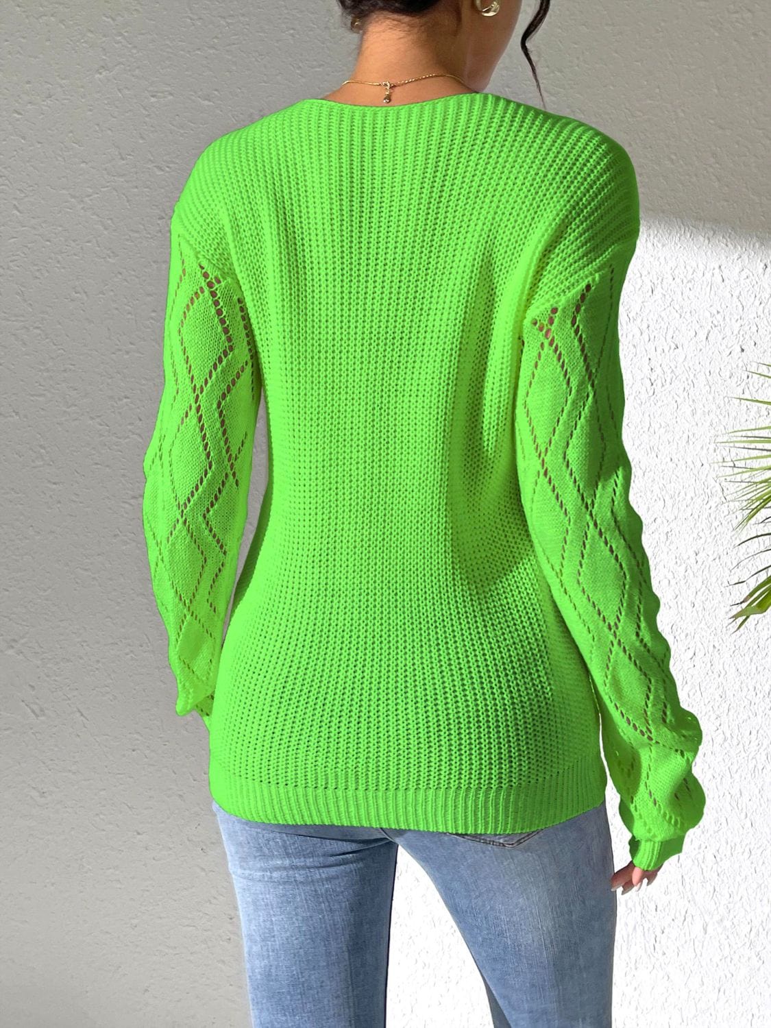 Dark Sea Green Openwork V-Neck Long Sleeve Sweater