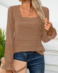 Striped Square Neck Flounce Sleeve Top