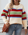 Contrast Stripes Round Neck Long Sleeve Sweater