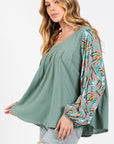 Misty Rose SAGE + FIG Ruched Round Neck Printed Bubble Sleeve Top Sentient Beauty Fashions Apparel & Accessories