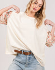 Light Gray SAGE + FIG Round Neck Bubble Sleeve Oversize Top Sentient Beauty Fashions Apparel & Accessories