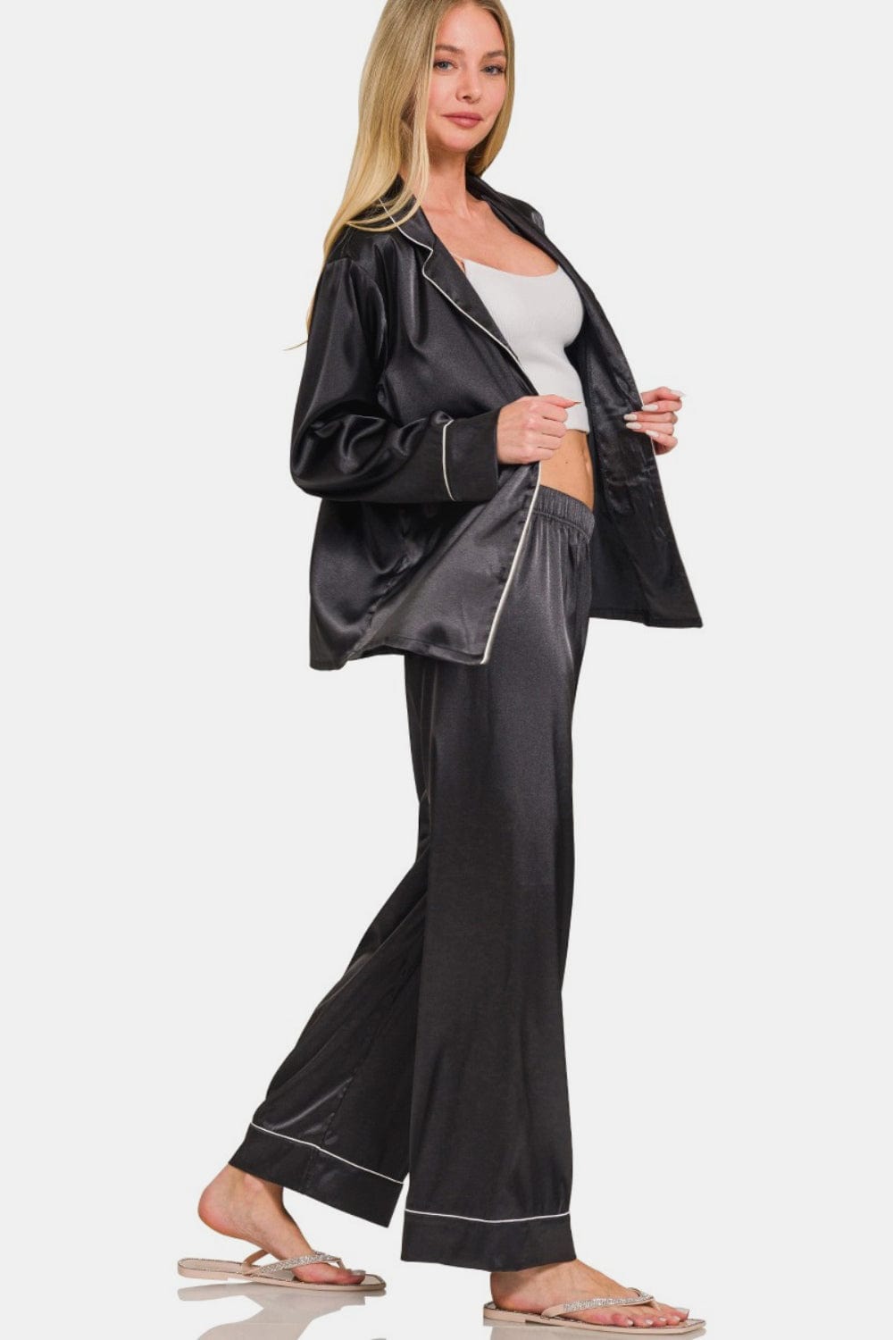 Dark Slate Gray Zenana Satin Long Sleeve Shirt and Pants Pajama Set